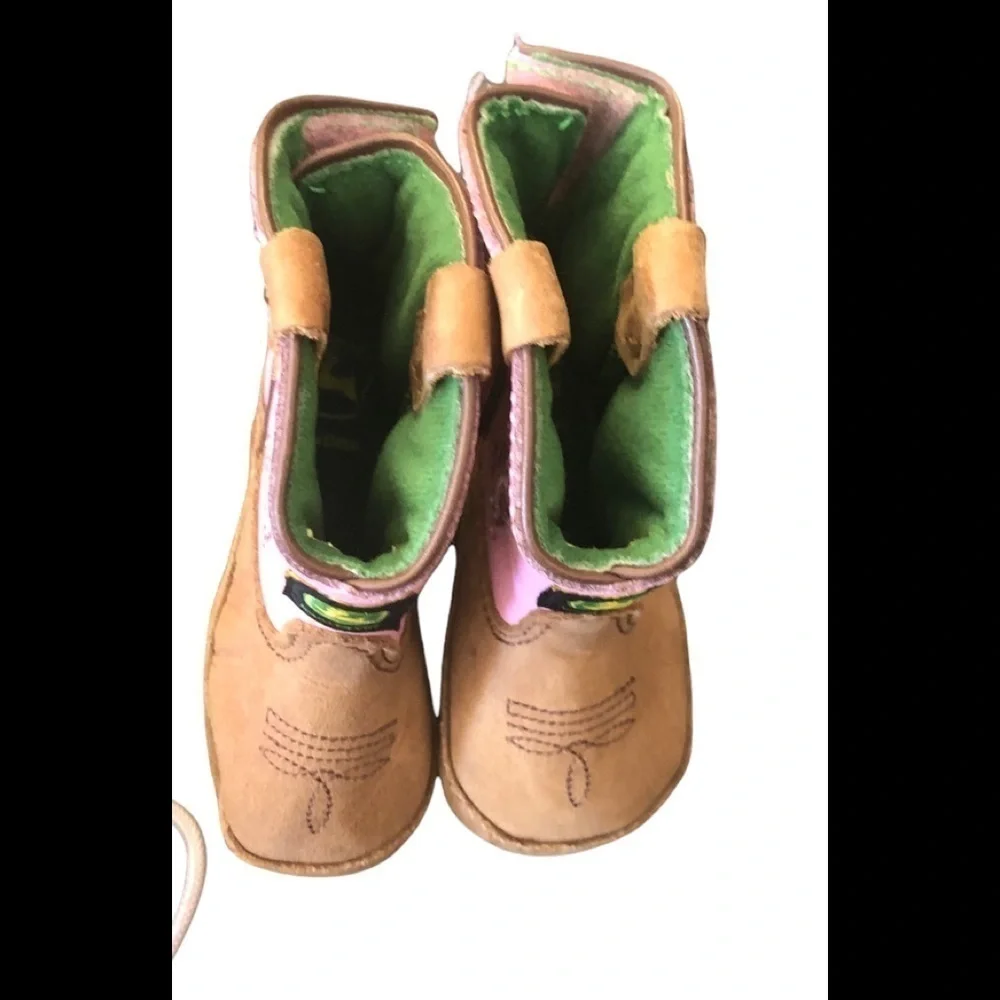 John Deere Infant Soft Leather Cowgirl Booties 3MO Pull On Lined Newborn